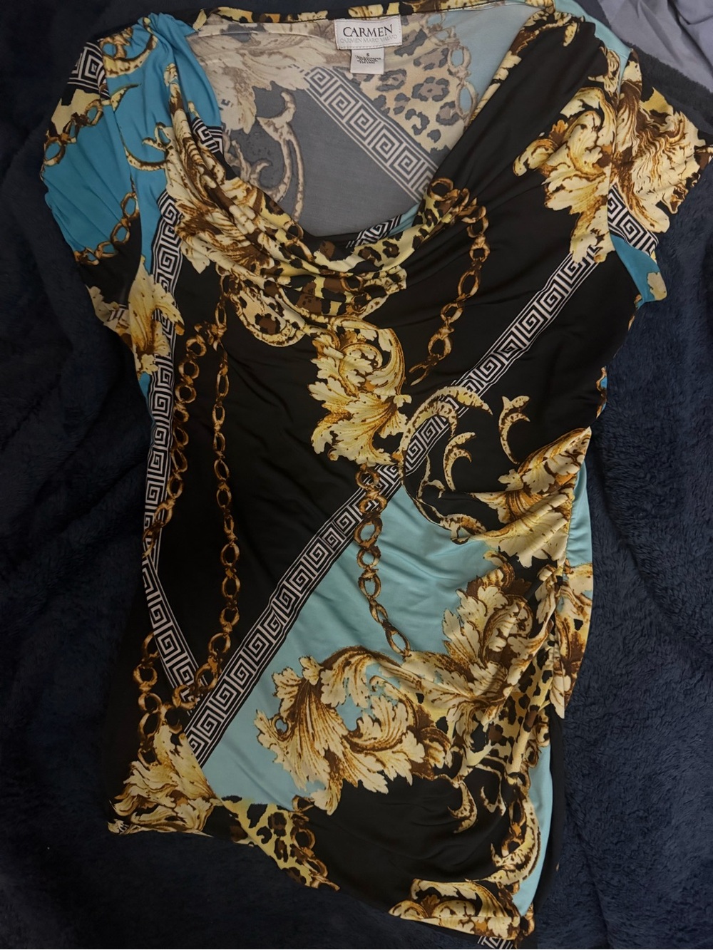 Carmen Black & Blue Baroque-Print Cowl Neck Mini Dress